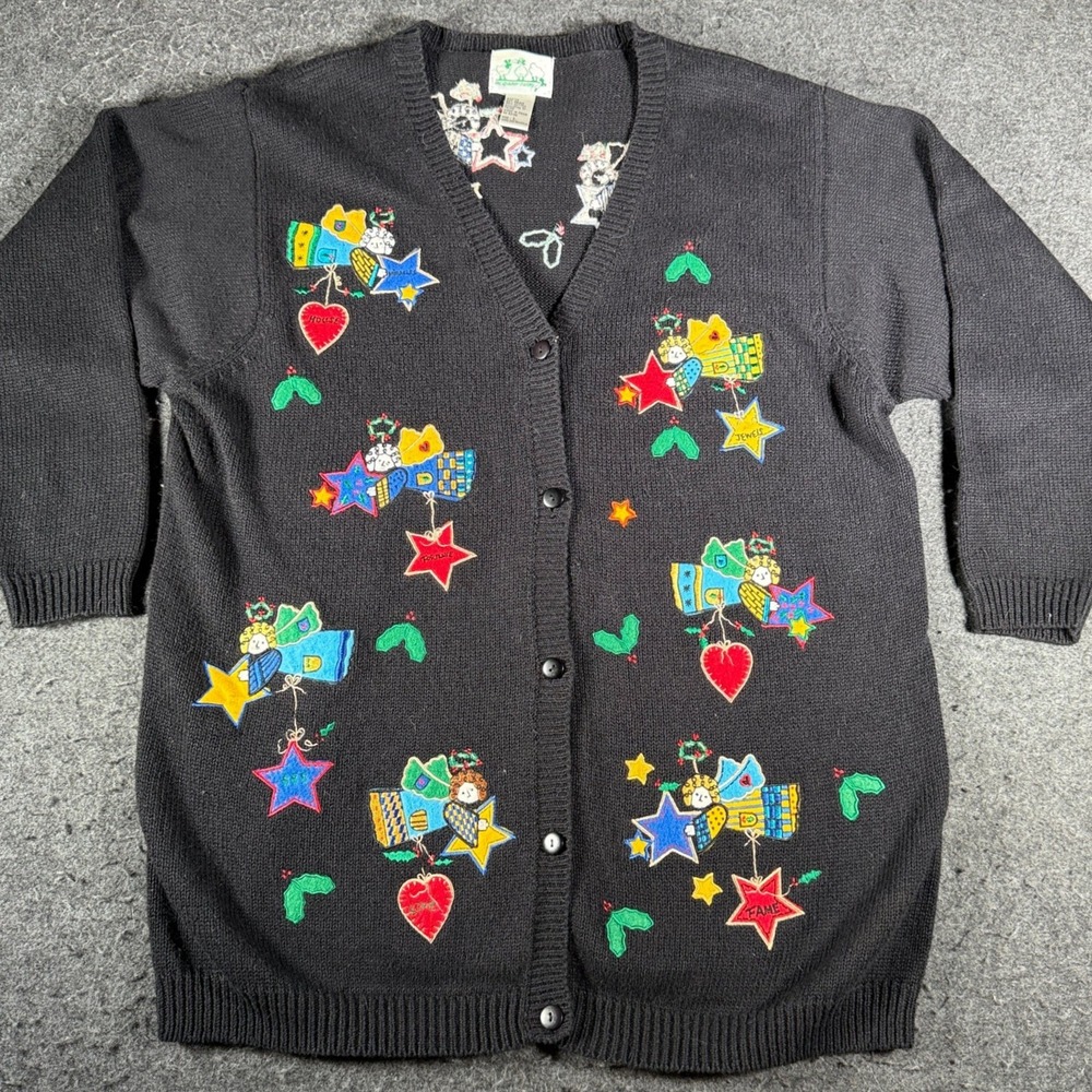 Quacker Factory Black Embroidered Angel Star Heart Cardigan Sweater Large A62770